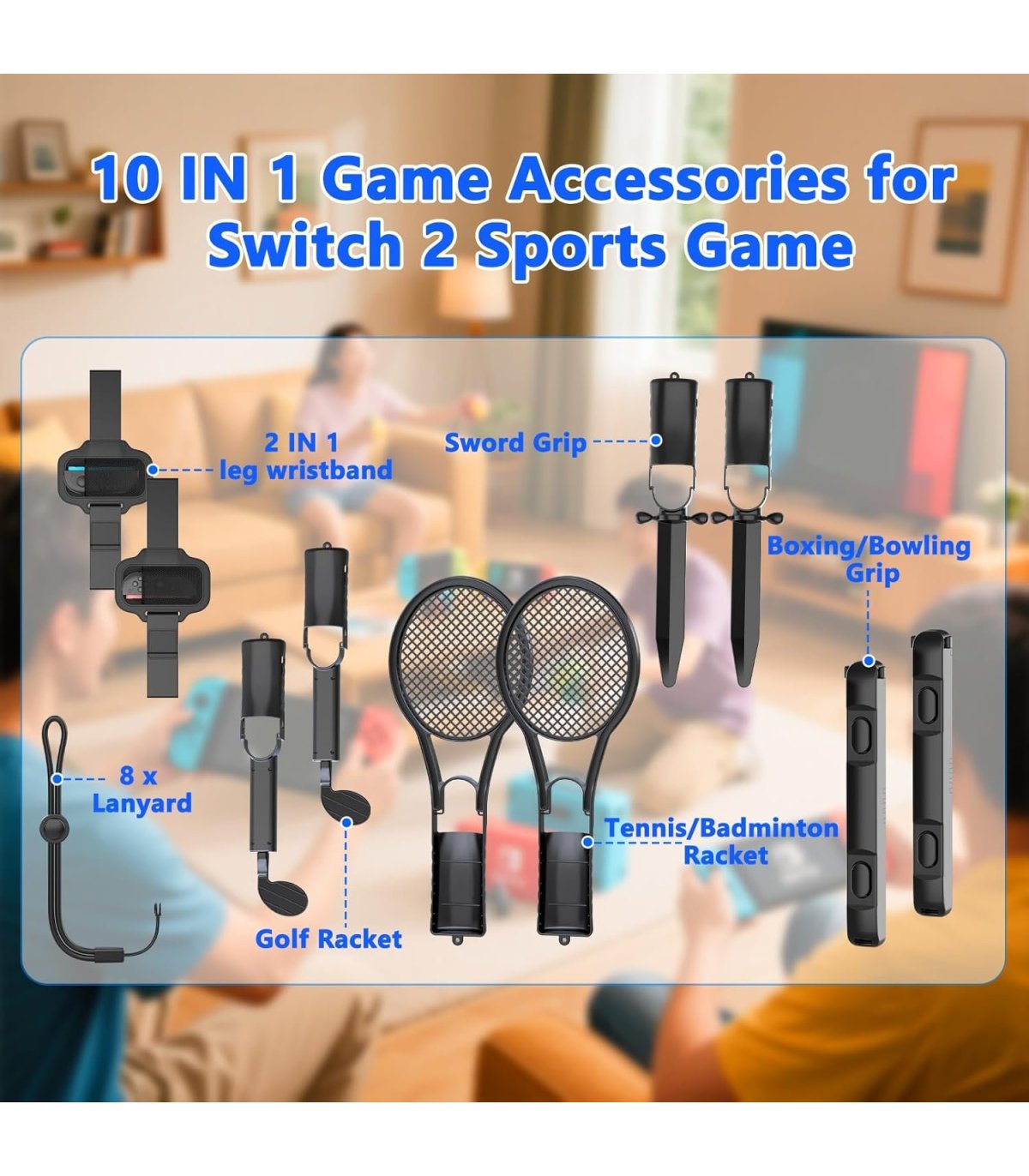 Pirkt HEYSTOP 10 vienā Nintendo Switch sporta aksesuāru komplekts: Joy-Con tenisa raketes, golfa nūjas, kāju siksnas un citi aksesuāri Lieliska cena