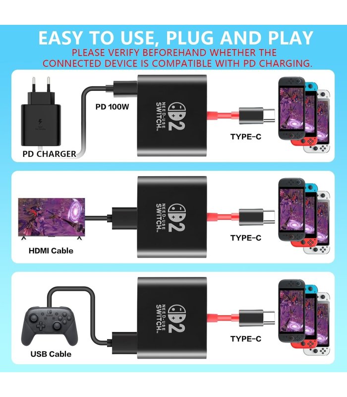 Buy 3-in-1 USB-C adapteris Nintendo Switch 2 / OLED / Switch 4K HDMI, USB 3.0, PD 100W, juodas for Great Price