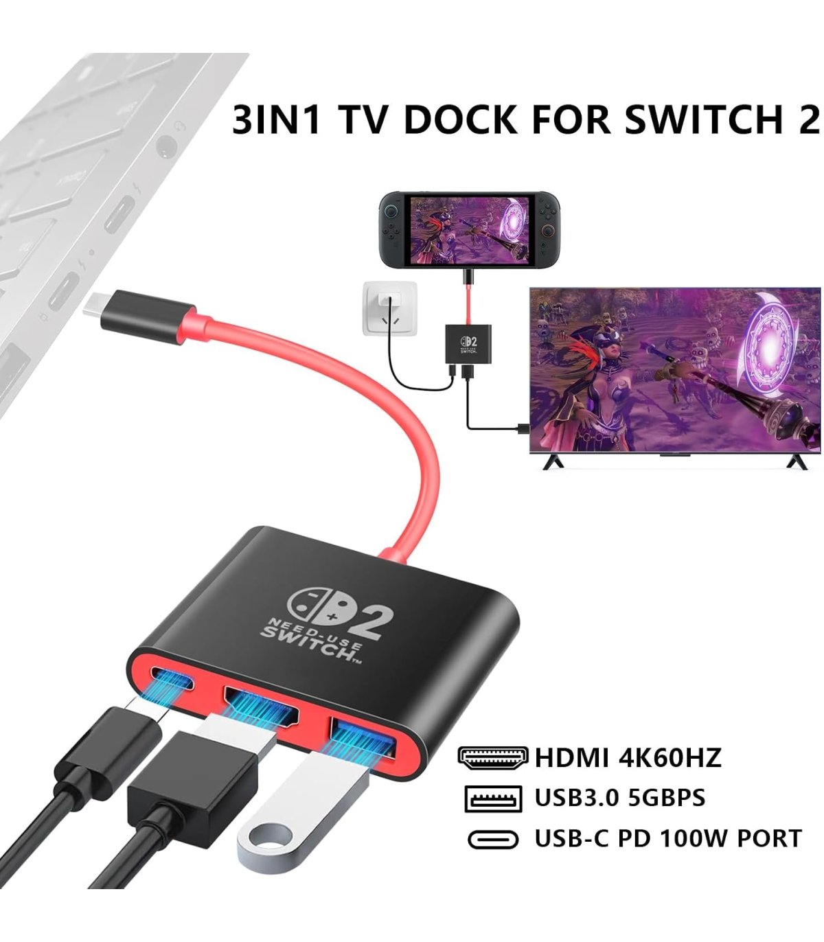 Buy 3-in-1 USB-C adapteris Nintendo Switch 2 / OLED / Switch 4K HDMI, USB 3.0, PD 100W, juodas for Great Price